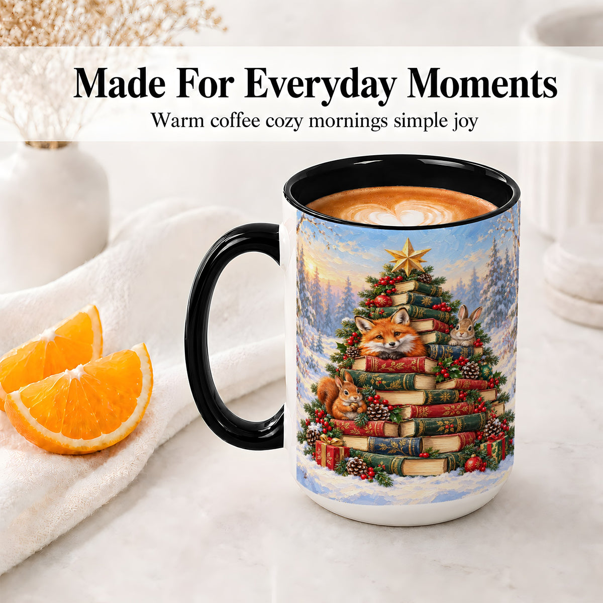 #pl[15oz|Black] Woodland Christmas Book Tree Accent Ceramic Mug