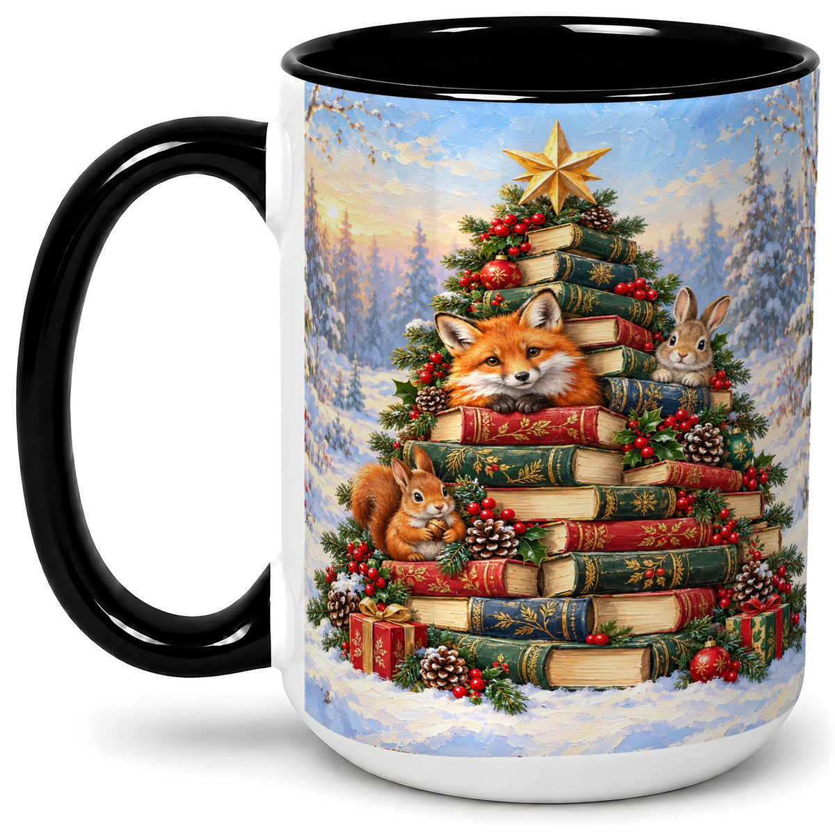 #pl[15oz|Black] Woodland Christmas Book Tree Accent Ceramic Mug
