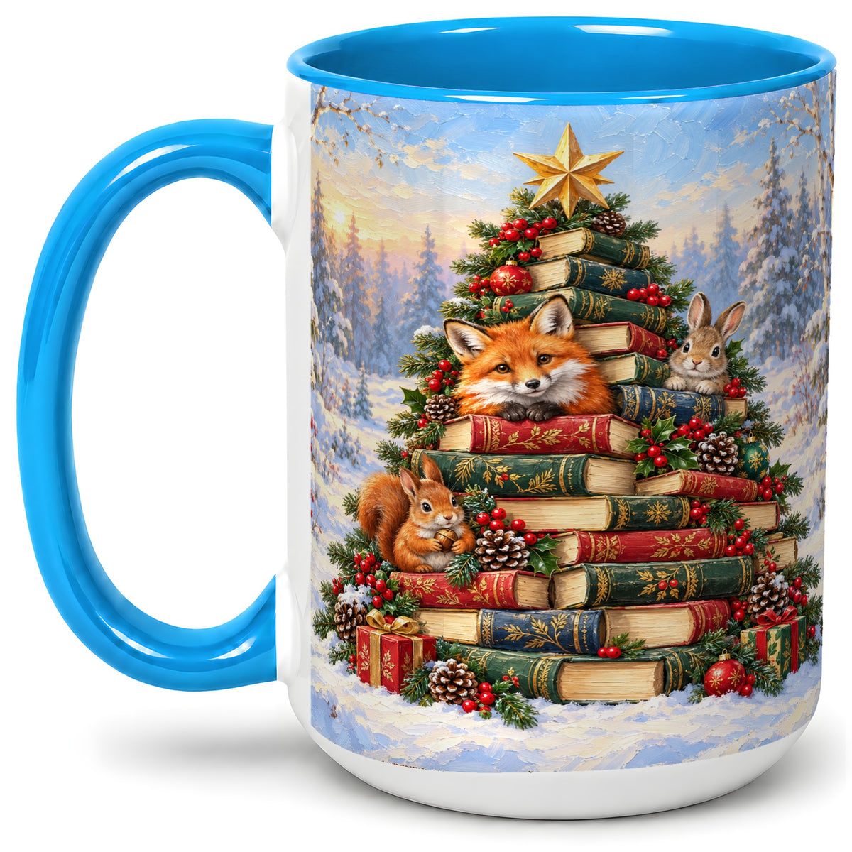 #pl[15oz|Blue] Woodland Christmas Book Tree Accent Ceramic Mug