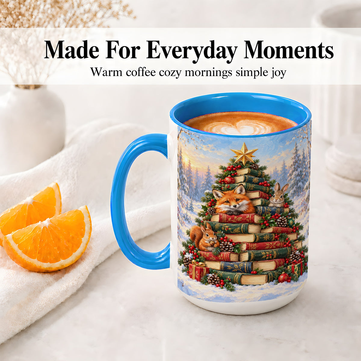 #pl[15oz|Blue] Woodland Christmas Book Tree Accent Ceramic Mug