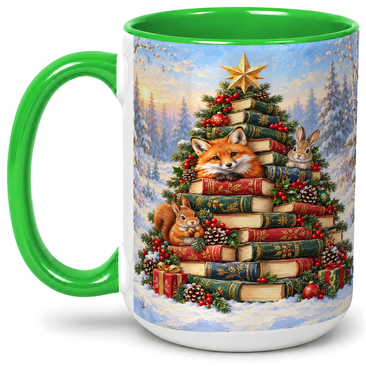 #pl[15oz|Green] Woodland Christmas Book Tree Accent Ceramic Mug