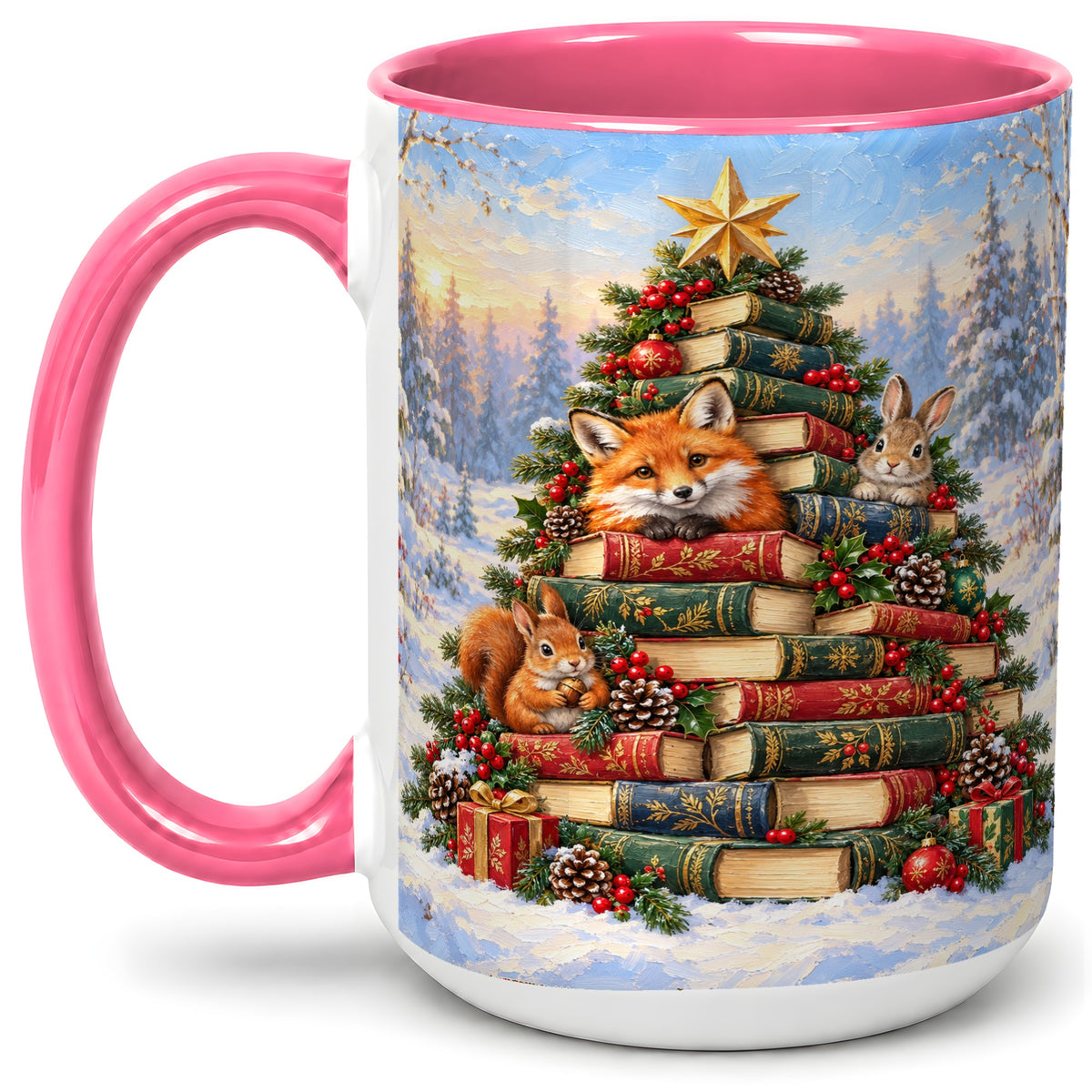 #pl[15oz|Pink] Woodland Christmas Book Tree Accent Ceramic Mug