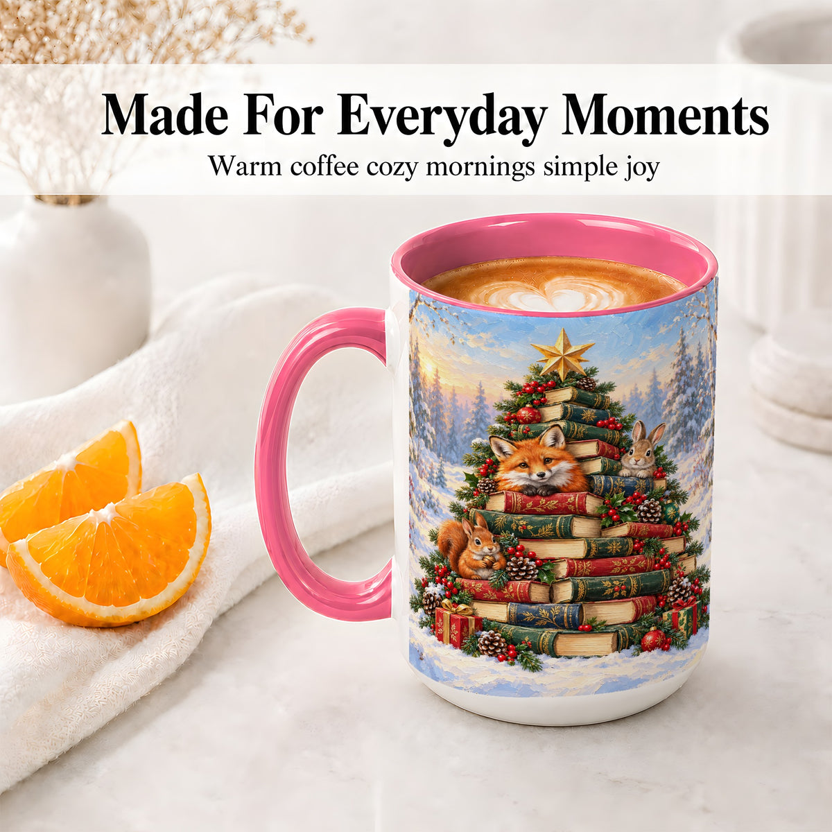 #pl[15oz|Pink] Woodland Christmas Book Tree Accent Ceramic Mug
