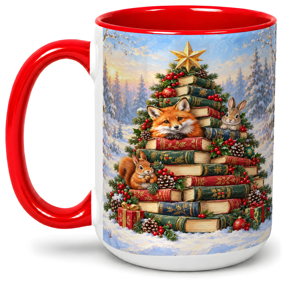 #pl[15oz|Red] Woodland Christmas Book Tree Accent Ceramic Mug