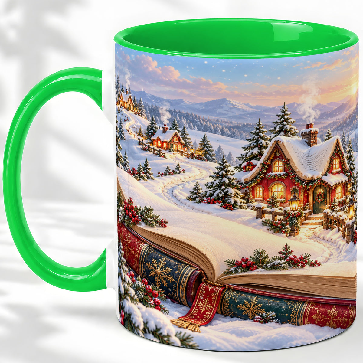 #pl[11oz|Green] Christmas Storybook Village Accent Ceramic Mug, Winter Landscape