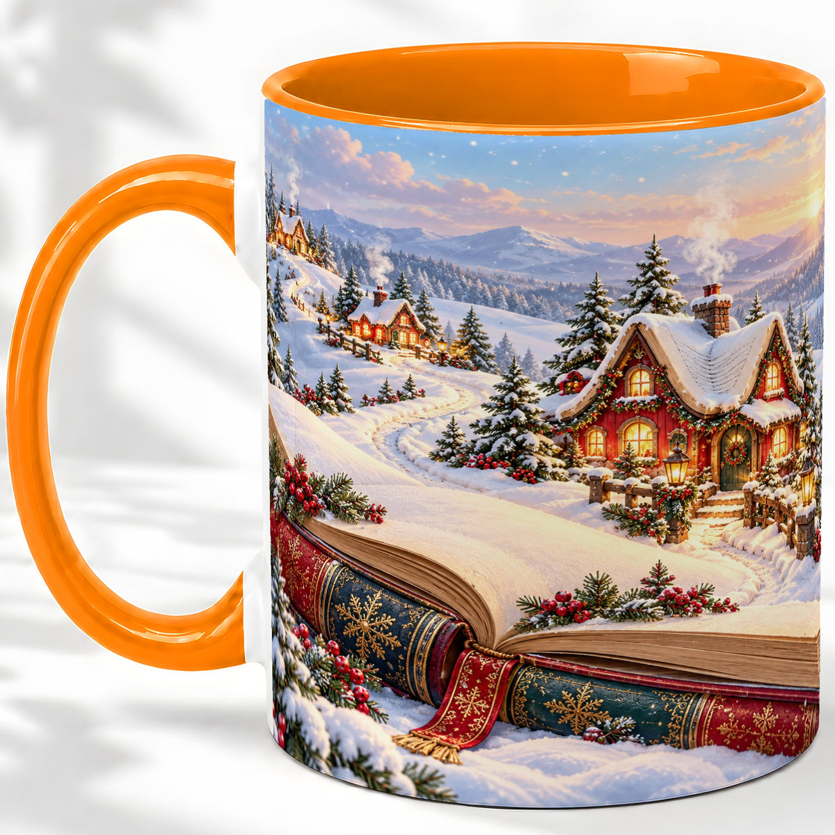 #pl[11oz|Orange] Christmas Storybook Village Accent Ceramic Mug, Winter Landscape