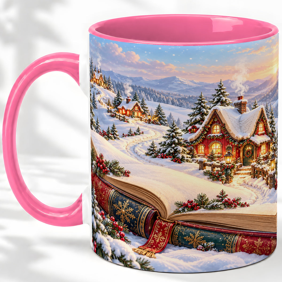 #pl[11oz|Pink] Christmas Storybook Village Accent Ceramic Mug, Winter Landscape