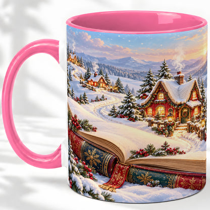 #pl[11oz|Pink] Christmas Storybook Village Accent Ceramic Mug, Winter Landscape
