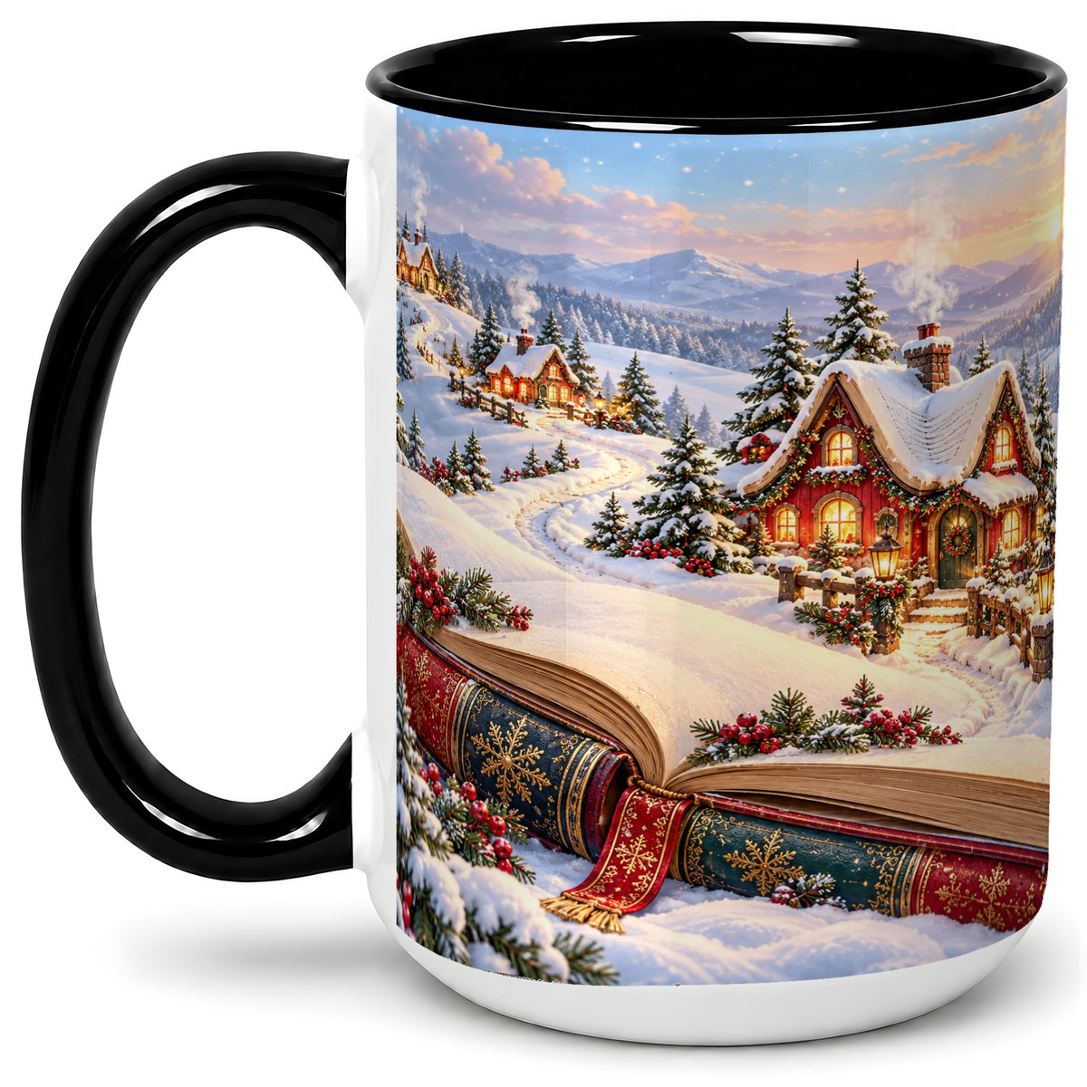 #pl[15oz|Black] Christmas Storybook Village Accent Ceramic Mug, Winter Landscape