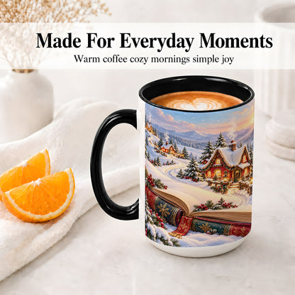 #pl[15oz|Black] Christmas Storybook Village Accent Ceramic Mug, Winter Landscape