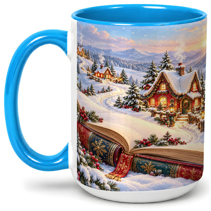 #pl[15oz|Blue] Christmas Storybook Village Accent Ceramic Mug, Winter Landscape