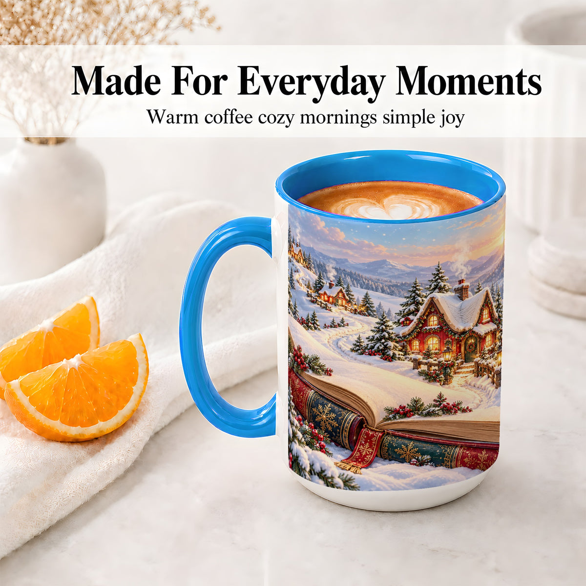 #pl[15oz|Blue] Christmas Storybook Village Accent Ceramic Mug, Winter Landscape