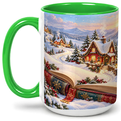 #pl[15oz|Green] Christmas Storybook Village Accent Ceramic Mug, Winter Landscape