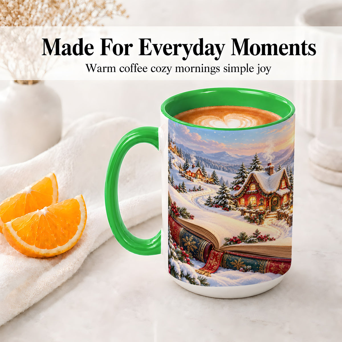 #pl[15oz|Green] Christmas Storybook Village Accent Ceramic Mug, Winter Landscape