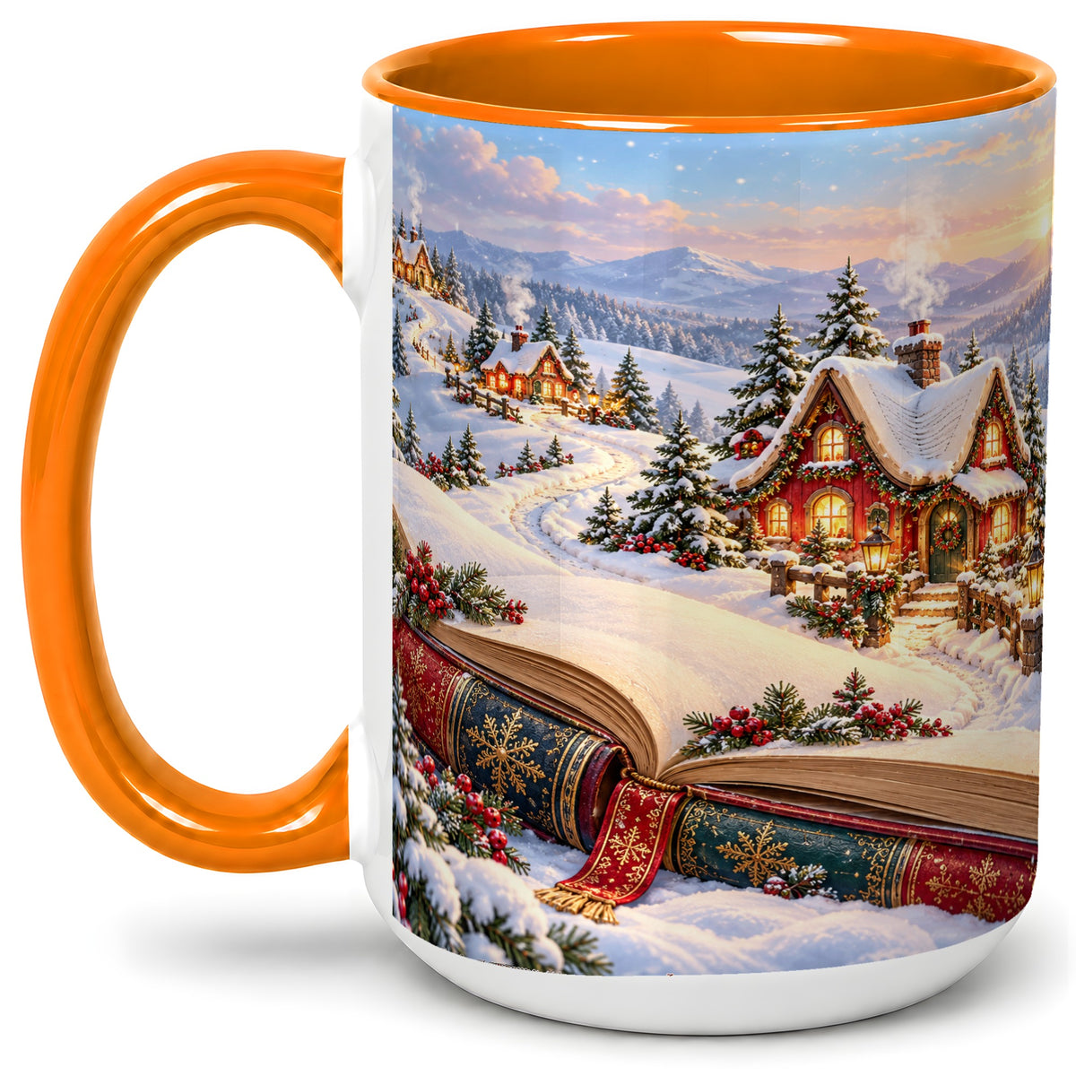 #pl[15oz|Orange] Christmas Storybook Village Accent Ceramic Mug, Winter Landscape