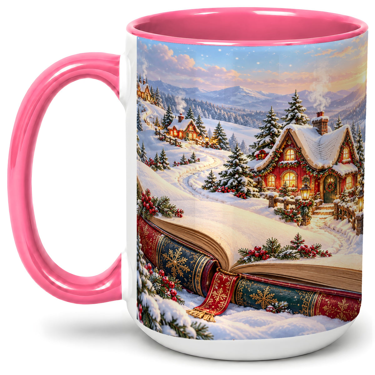 #pl[15oz|Pink] Christmas Storybook Village Accent Ceramic Mug, Winter Landscape