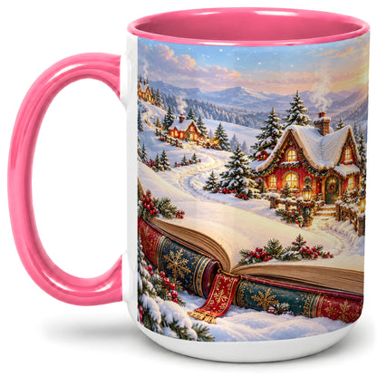 #pl[15oz|Pink] Christmas Storybook Village Accent Ceramic Mug, Winter Landscape