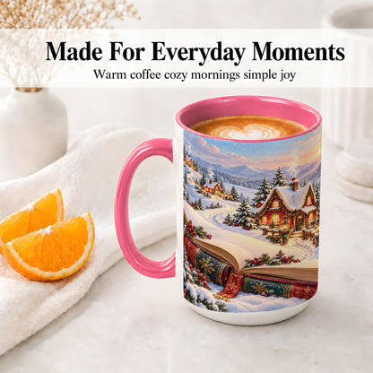 #pl[15oz|Pink] Christmas Storybook Village Accent Ceramic Mug, Winter Landscape