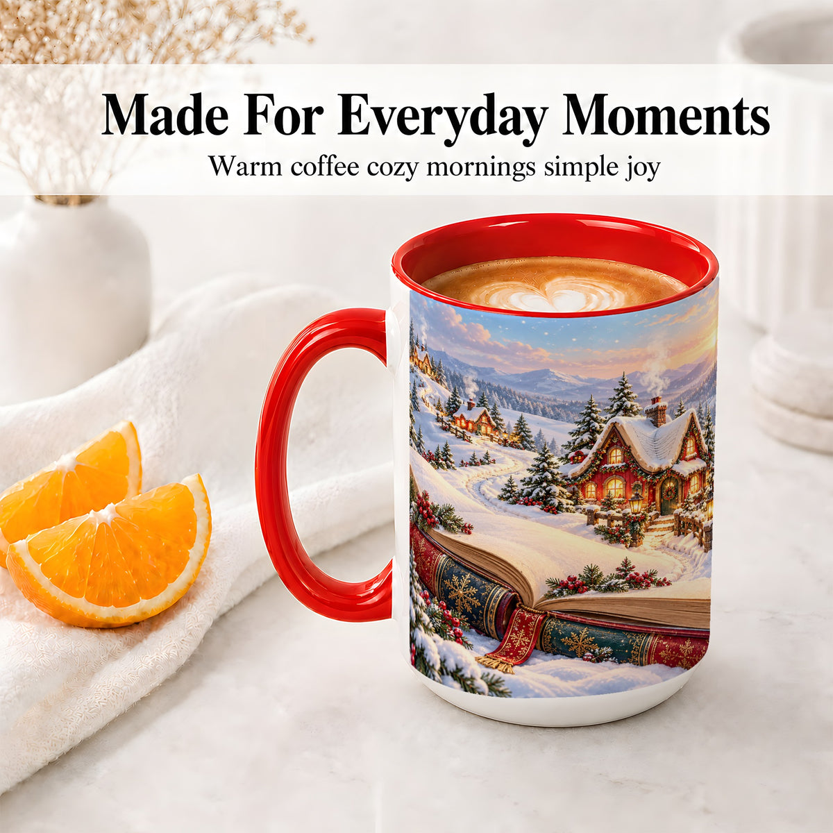 #pl[15oz|Red] Christmas Storybook Village Accent Ceramic Mug, Winter Landscape