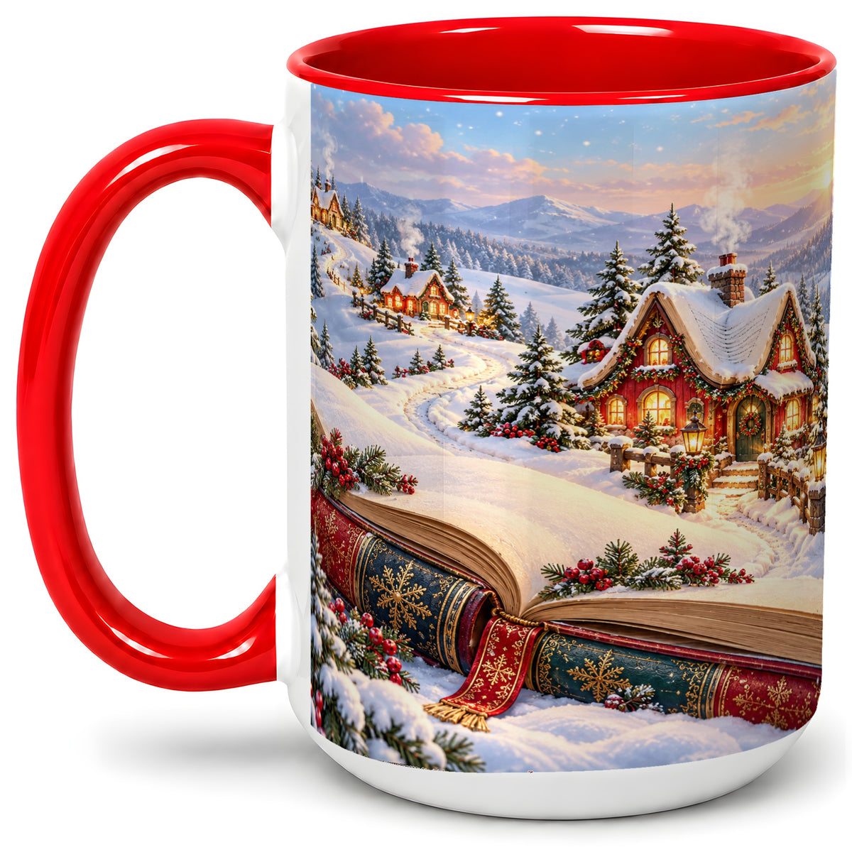 #pl[15oz|Red] Christmas Storybook Village Accent Ceramic Mug, Winter Landscape