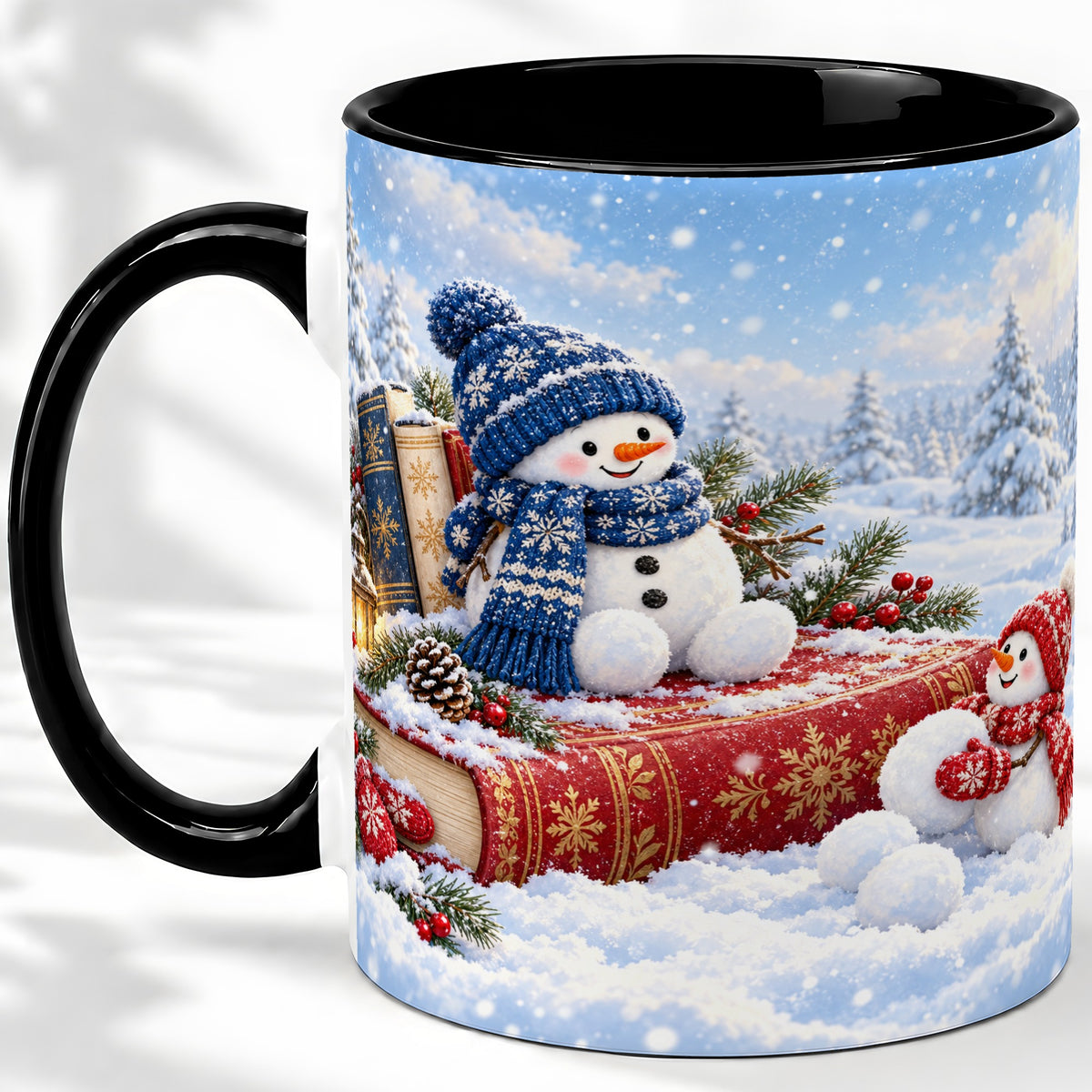 #pl[11oz|Black] Snowman Book Winter Accent Ceramic Mug, Oil Painting Style