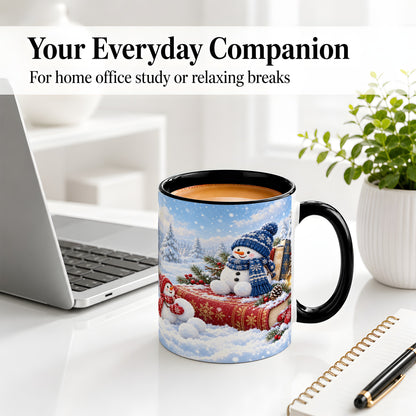 #pl[11oz|Black] Snowman Book Winter Accent Ceramic Mug, Oil Painting Style