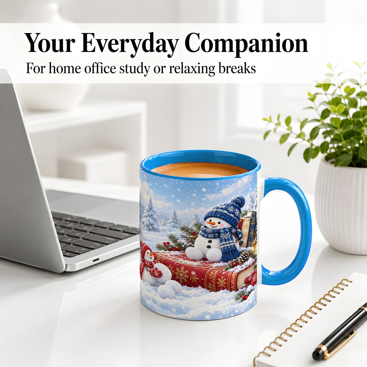 #pl[11oz|Blue] Snowman Book Winter Accent Ceramic Mug, Oil Painting Style