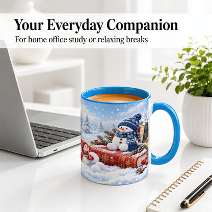 #pl[11oz|Blue] Snowman Book Winter Accent Ceramic Mug, Oil Painting Style