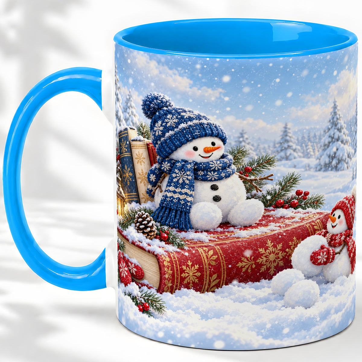 #pl[11oz|Blue] Snowman Book Winter Accent Ceramic Mug, Oil Painting Style