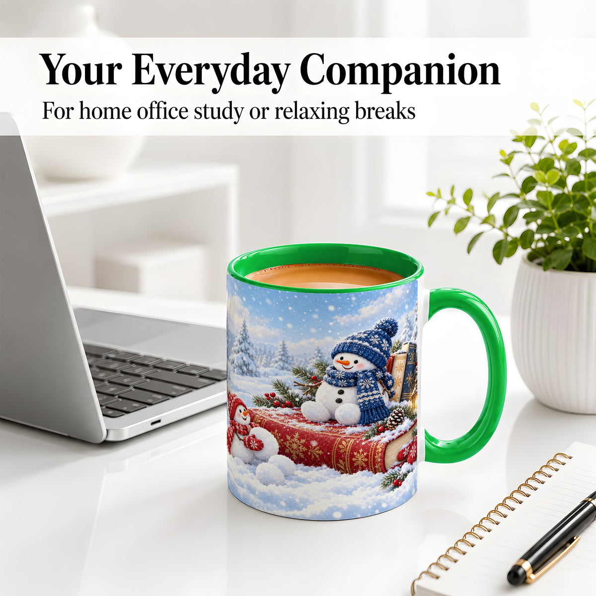 #pl[11oz|Green] Snowman Book Winter Accent Ceramic Mug, Oil Painting Style