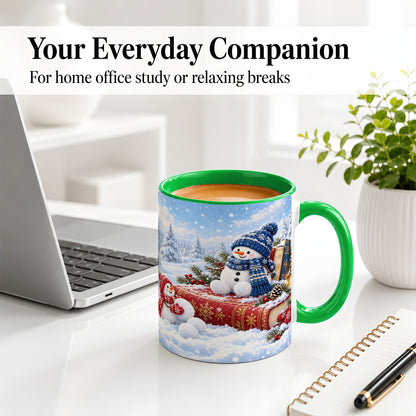 #pl[11oz|Green] Snowman Book Winter Accent Ceramic Mug, Oil Painting Style