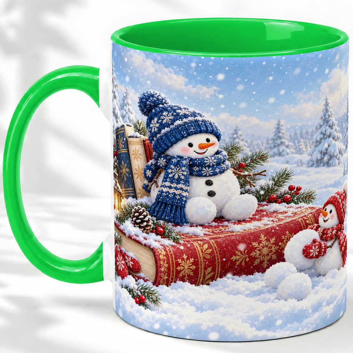 #pl[11oz|Green] Snowman Book Winter Accent Ceramic Mug, Oil Painting Style