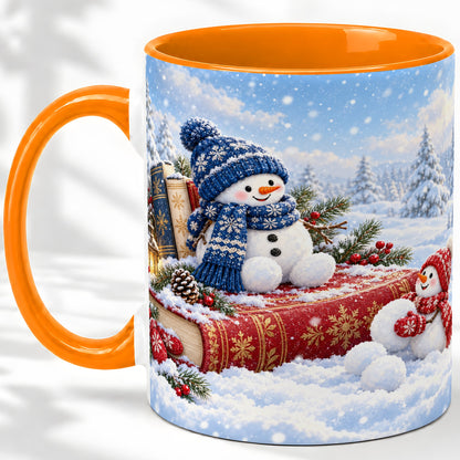 #pl[11oz|Orange] Snowman Book Winter Accent Ceramic Mug, Oil Painting Style