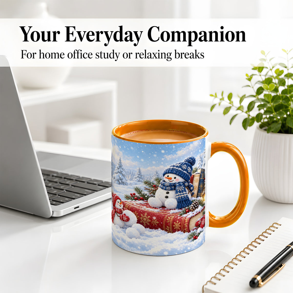 #pl[11oz|Orange] Snowman Book Winter Accent Ceramic Mug, Oil Painting Style