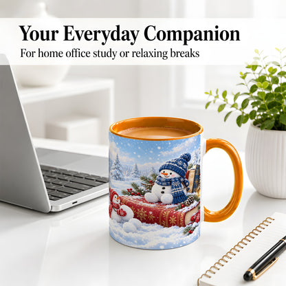 #pl[11oz|Orange] Snowman Book Winter Accent Ceramic Mug, Oil Painting Style