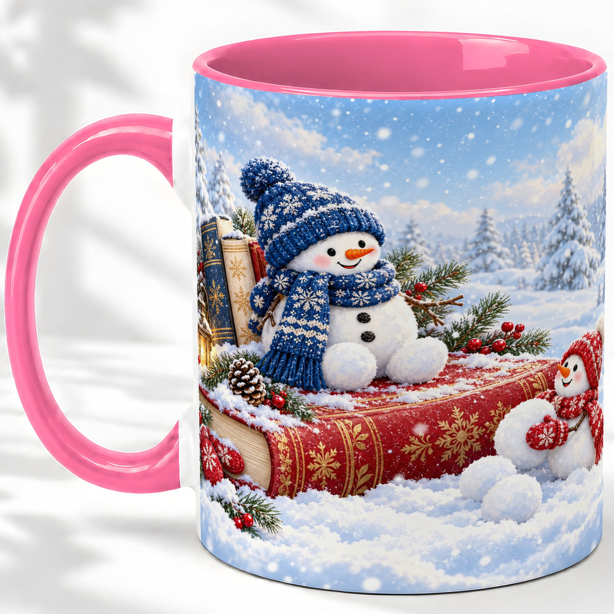#pl[11oz|Pink] Snowman Book Winter Accent Ceramic Mug, Oil Painting Style