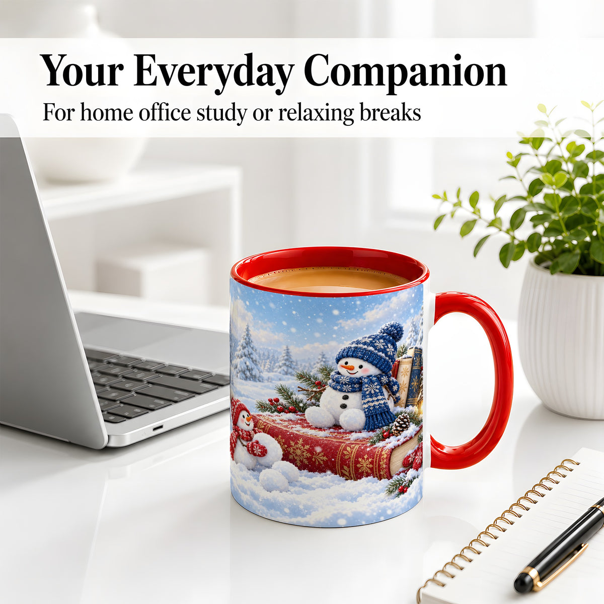 #pl[11oz|Red] Snowman Book Winter Accent Ceramic Mug, Oil Painting Style