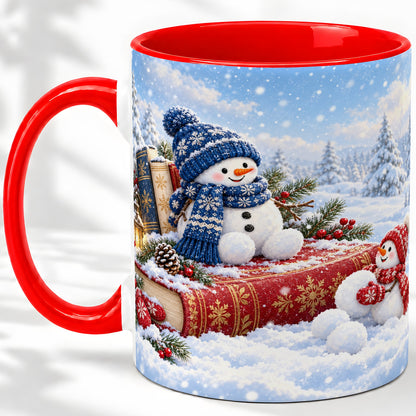 Snowman Book Winter Accent Ceramic Mug, Oil Painting Style