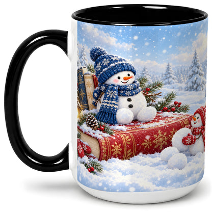 #pl[15oz|Black] Snowman Book Winter Accent Ceramic Mug, Oil Painting Style