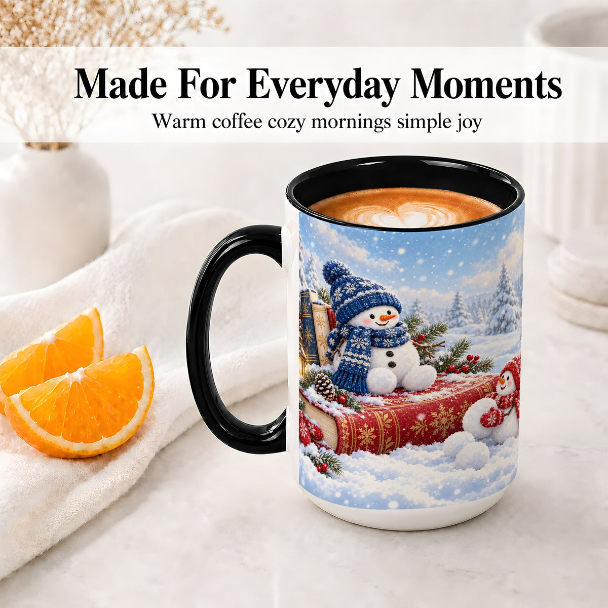 #pl[15oz|Black] Snowman Book Winter Accent Ceramic Mug, Oil Painting Style