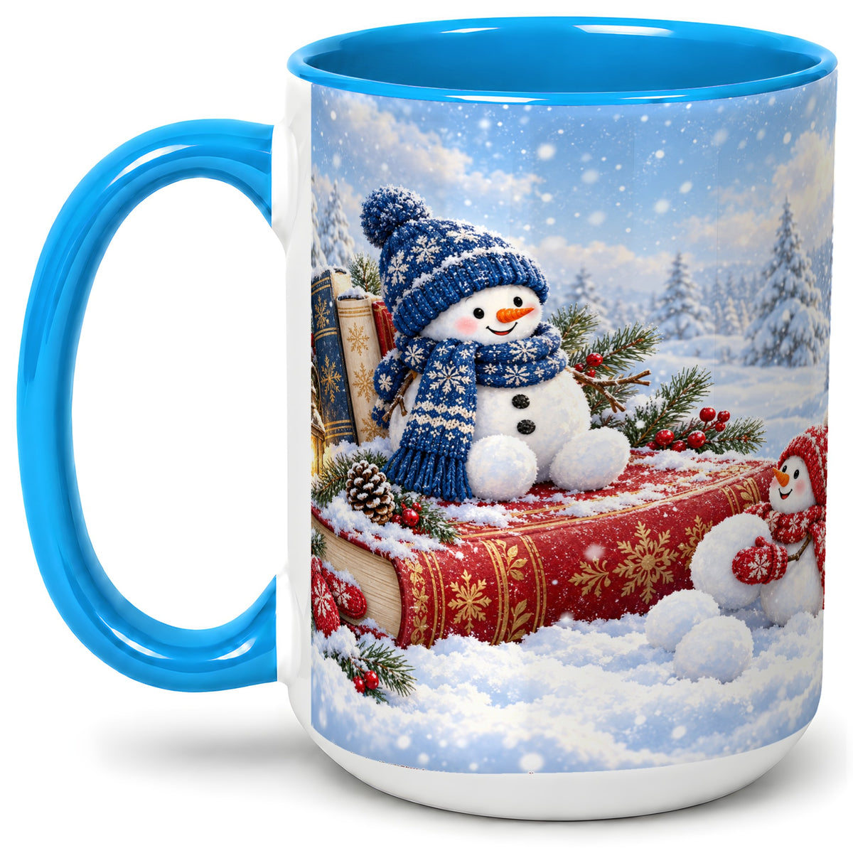 #pl[15oz|Blue] Snowman Book Winter Accent Ceramic Mug, Oil Painting Style