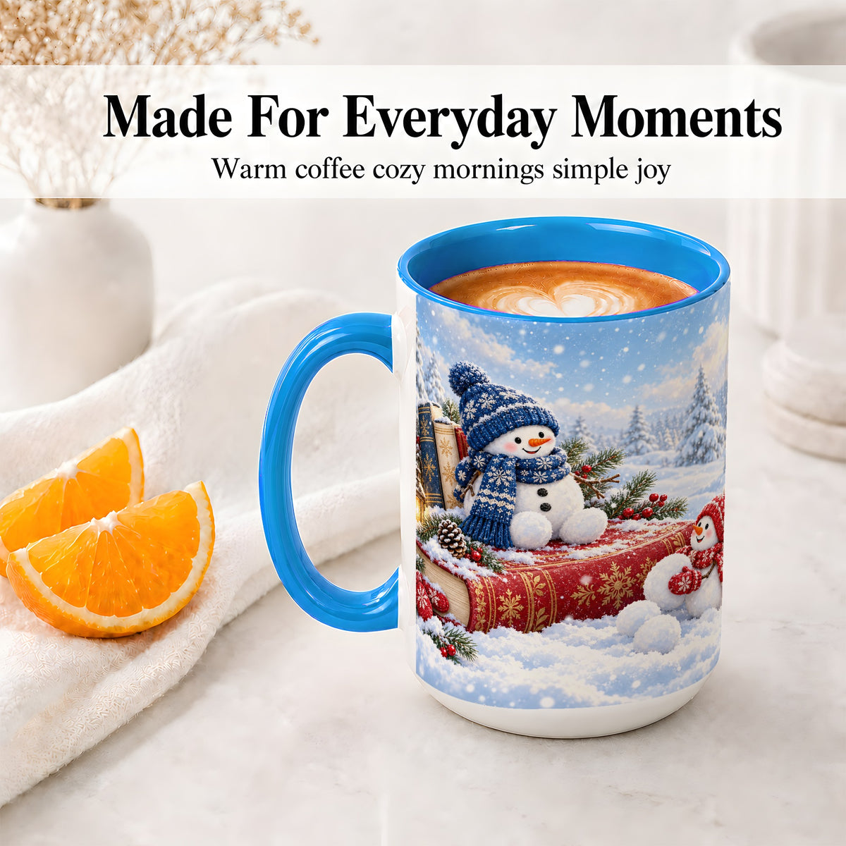 #pl[15oz|Blue] Snowman Book Winter Accent Ceramic Mug, Oil Painting Style