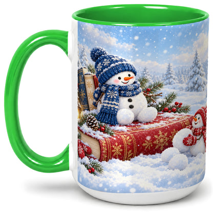 #pl[15oz|Green] Snowman Book Winter Accent Ceramic Mug, Oil Painting Style