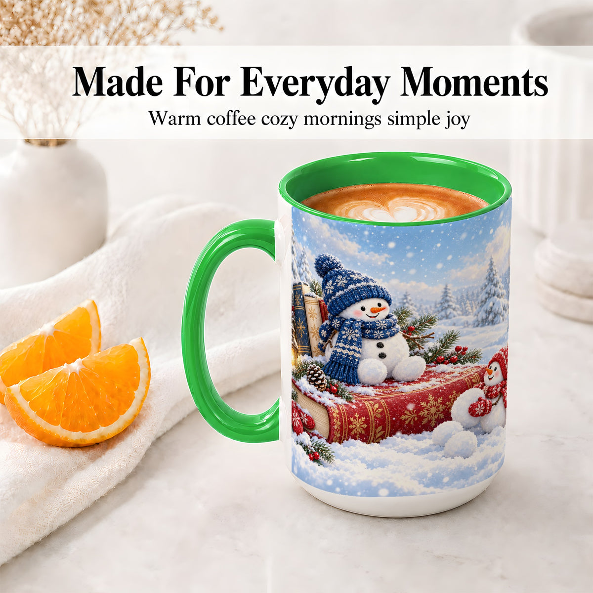 #pl[15oz|Green] Snowman Book Winter Accent Ceramic Mug, Oil Painting Style