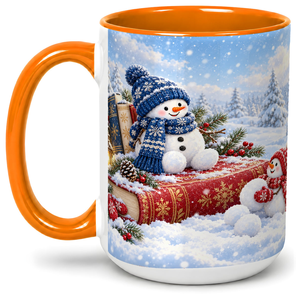 #pl[15oz|Orange] Snowman Book Winter Accent Ceramic Mug, Oil Painting Style