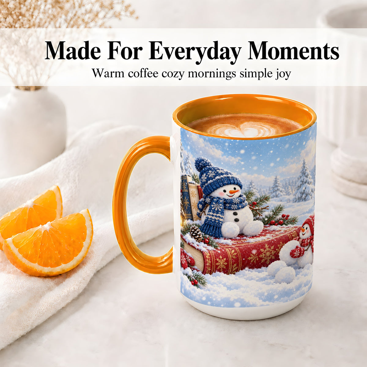#pl[15oz|Orange] Snowman Book Winter Accent Ceramic Mug, Oil Painting Style