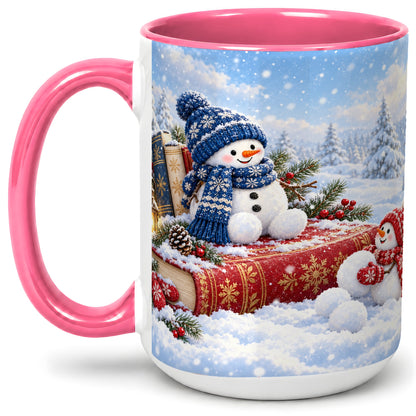 #pl[15oz|Pink] Snowman Book Winter Accent Ceramic Mug, Oil Painting Style