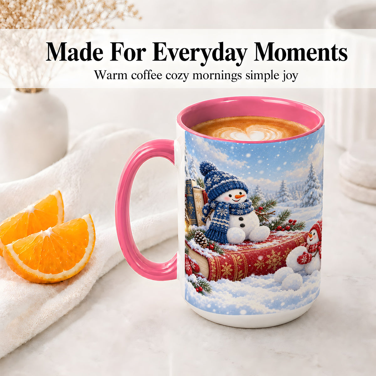 #pl[15oz|Pink] Snowman Book Winter Accent Ceramic Mug, Oil Painting Style
