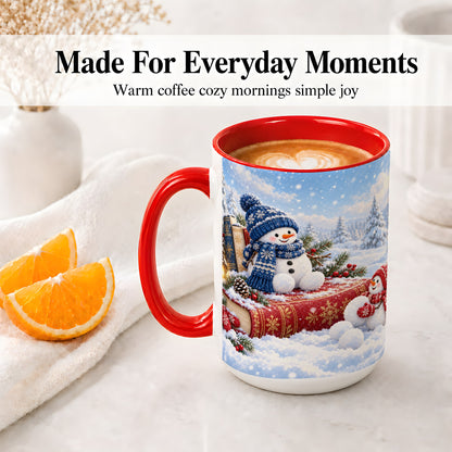 #pl[15oz|Red] Snowman Book Winter Accent Ceramic Mug, Oil Painting Style