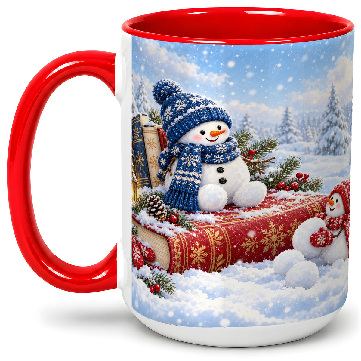 #pl[15oz|Red] Snowman Book Winter Accent Ceramic Mug, Oil Painting Style